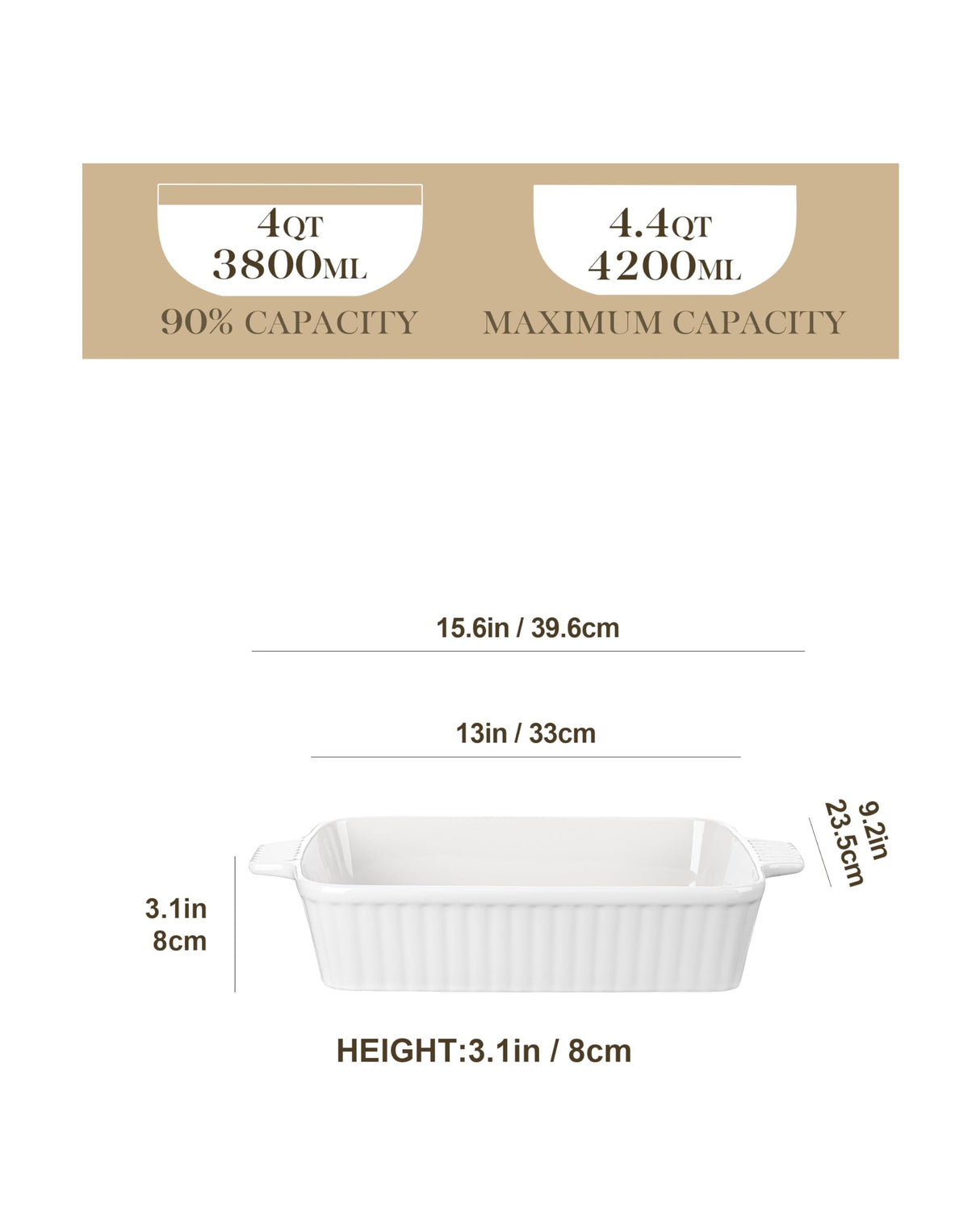 MALACASA 4.4 QT Baking Dish, 9x13 Large Casserole Dish for Oven, Ceramic Baking Pan, Rectangular Lasagna Pan Deep with Handles for Baking, Durable Microwave Oven Safe, White, Series BAKE-BAKE MALACASA