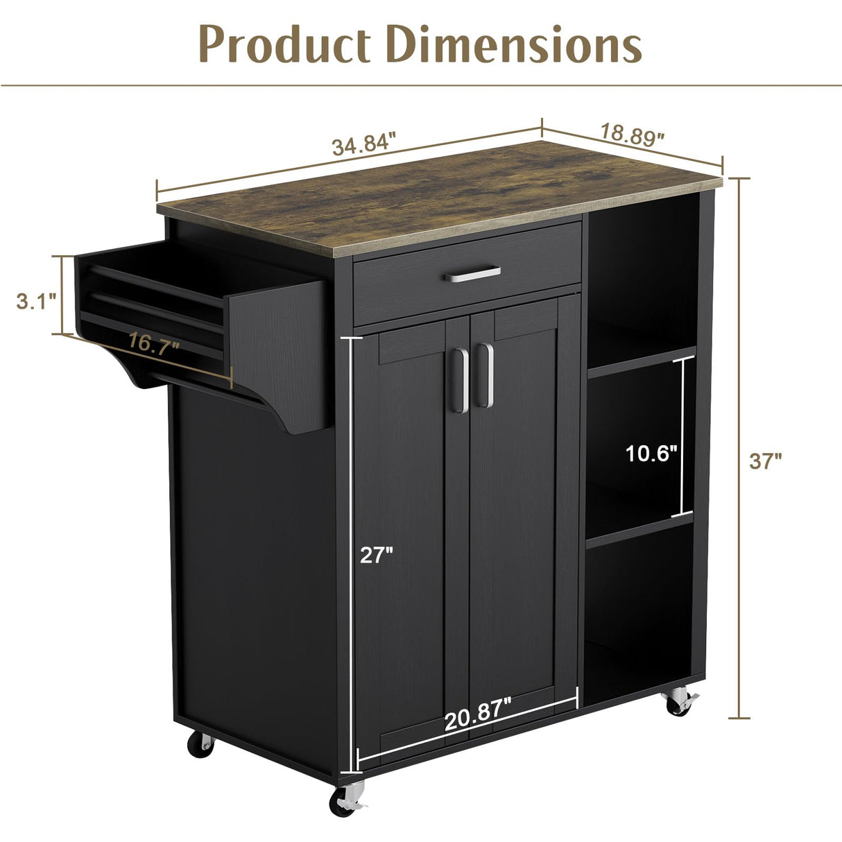 GarveeHome Mobile Rolling Island Cart for Kitchen, Kitchen Island on Wheels with Spice Rack& Drawer & Open Shelves & Towel Rack, Microwave Cart for Kitchen, Dining Room, 34.84" x 18.89" x 37", Black GarveeHome