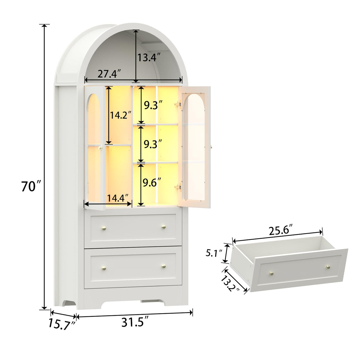 70" Tall Arched Bookcase with LED Lights, Modern Curved Cabinet with Glass Door, Arched Bookshelf Cabinet with 2 Storage Drawers, Display Storage Cabinet with Adjustable Shelves for Living Room,White Gyfimoie