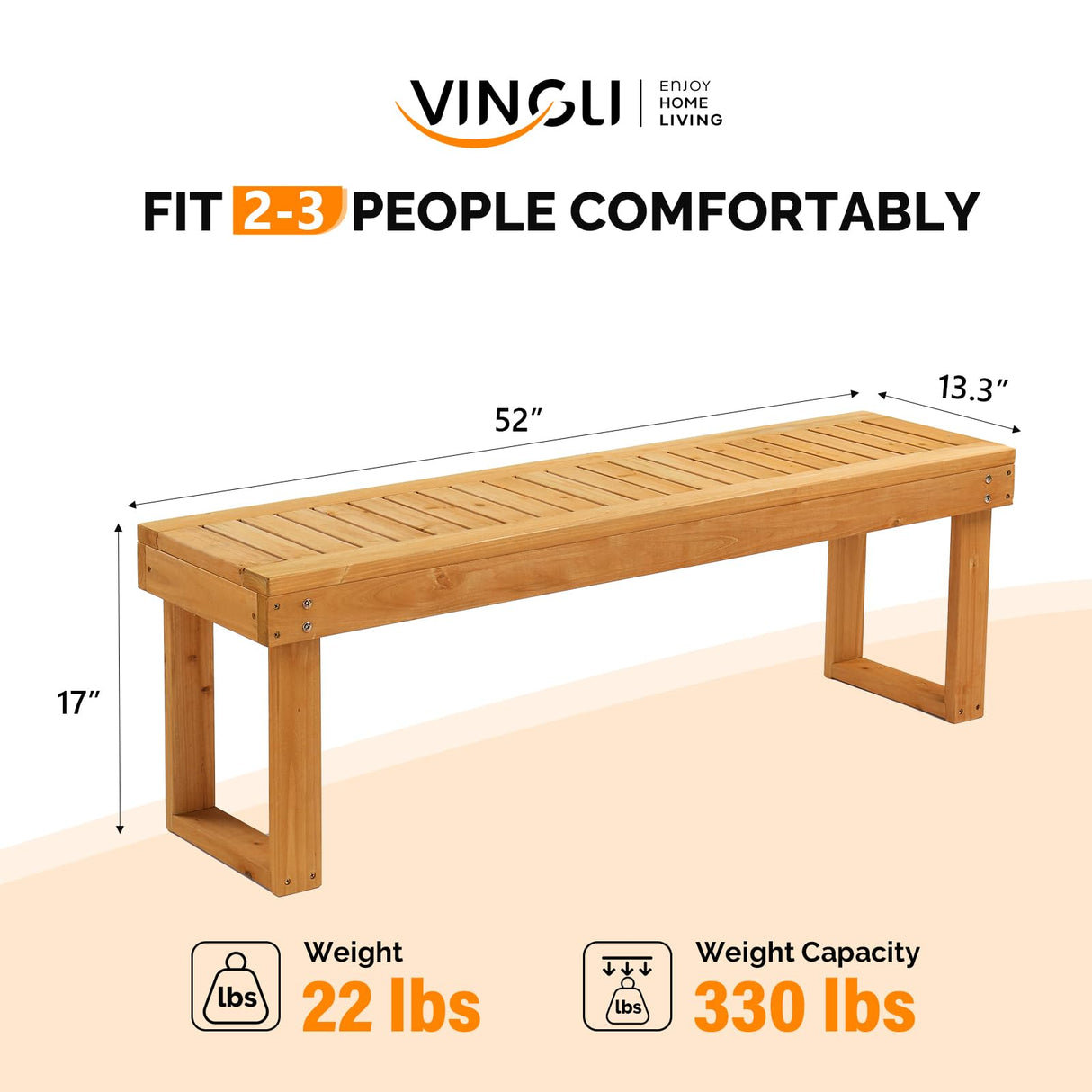 VINGLI 50'' Outdoor Wooden Bench, Weatherproof Outdoor Backless Bench, 2-Person Wood Patio Bench for Backyard, Poolside, Entryway VINGLI