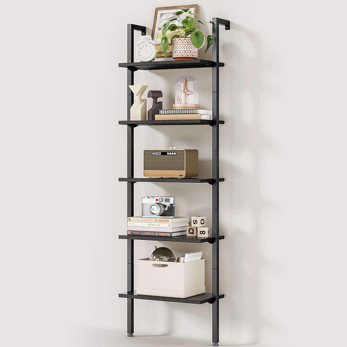 ODK Ladder Shelf, 5 Tier Black Bookshelf, 72 Inch Wall Mounted Book Shelf with Metal Frame, Ladder Bookshelf Bookcase for Bedroom, Home Office and Living Room ODK