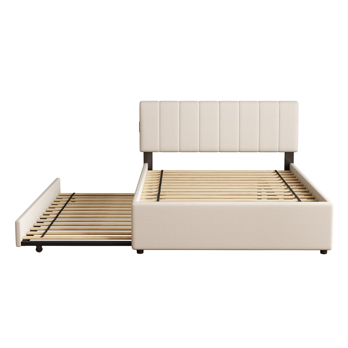 FAVSH Full Size Upholstered Platform Bed with Trundle and 1 Sets of USB, Chenille Fabric Solid Wood Bedframe w/Wood Slats & LED Lights with APP for Bedroom,Beige FAVSH