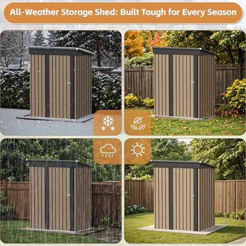 Greesum 5×3FT Outdoor Storage Shed, Metal Patio Storaged Sheds with Lockable Doors, Sheds & Outdoor Storage for Bike, Backyard, Pool and Garden, Brown Greesum