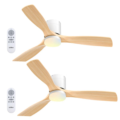 addlon 2 Pack 52 inch Ceiling Fans with Lights, Low Profile Ceiling Fan with Light and Remote Control, Flush Mount, Reversible, 6 Speeds, 3CCT Dimmable, Noiseless, White Wood Ceiling Fan (white)