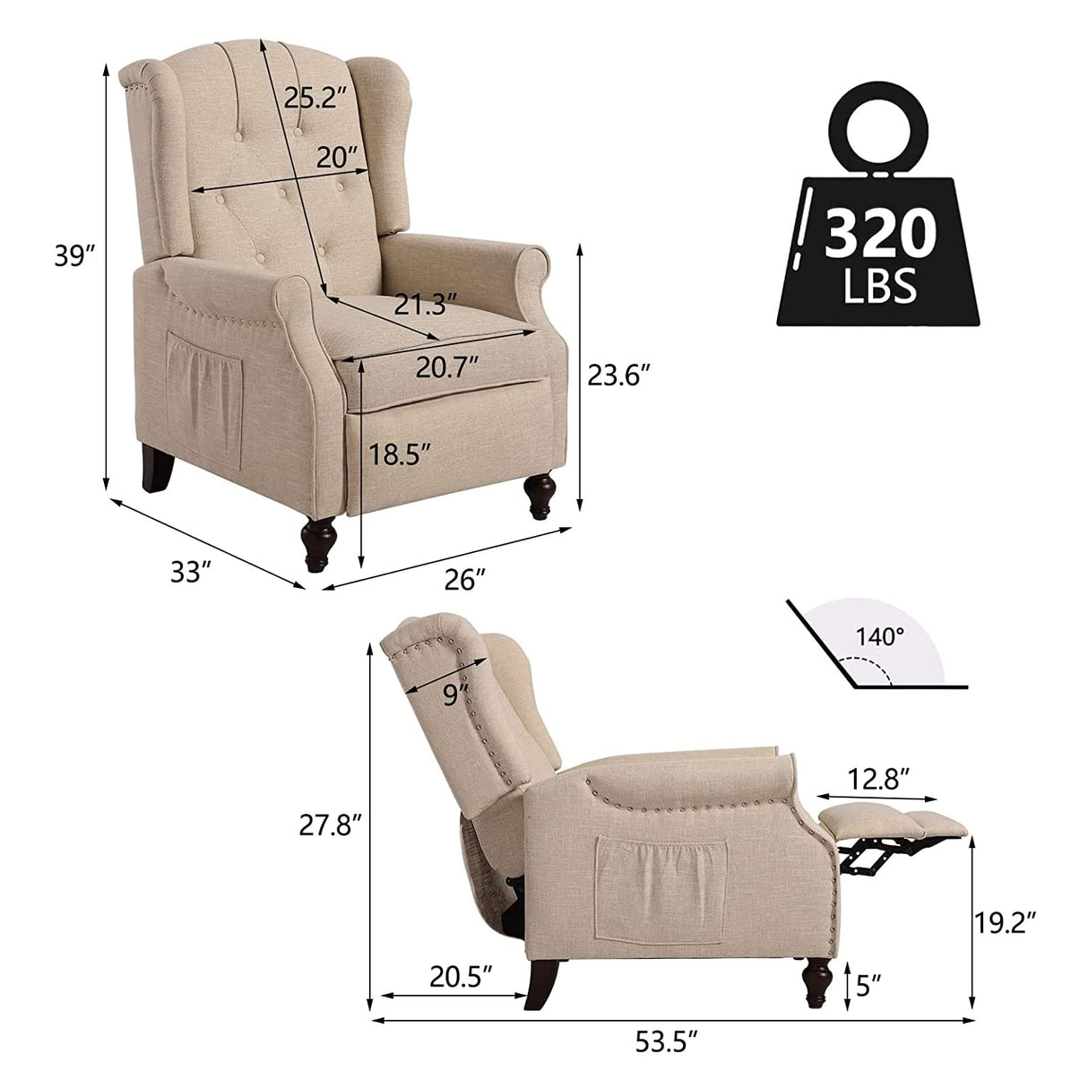 Consofa Wingback Recliner Chair with Massage and Heat, Tufted Fabric Push Back Recliner Chair for Living Room, Vintage Recliner Chair with Remote Control, Padded Cushion, Backrest, Wooden Legs Consofa