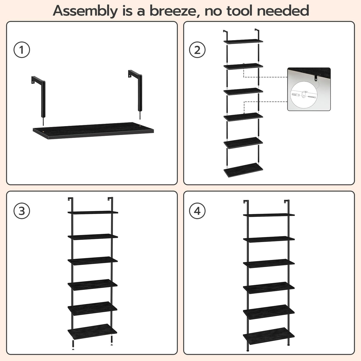 HOOBRO DIY Ladder Shelf, 6-Tier Wall Mounted Bookshelf, Office Vertical Bookcase, Wooden Storage Shelves for Home Office, Bedroom, Black BB65CJ01 HOOBRO