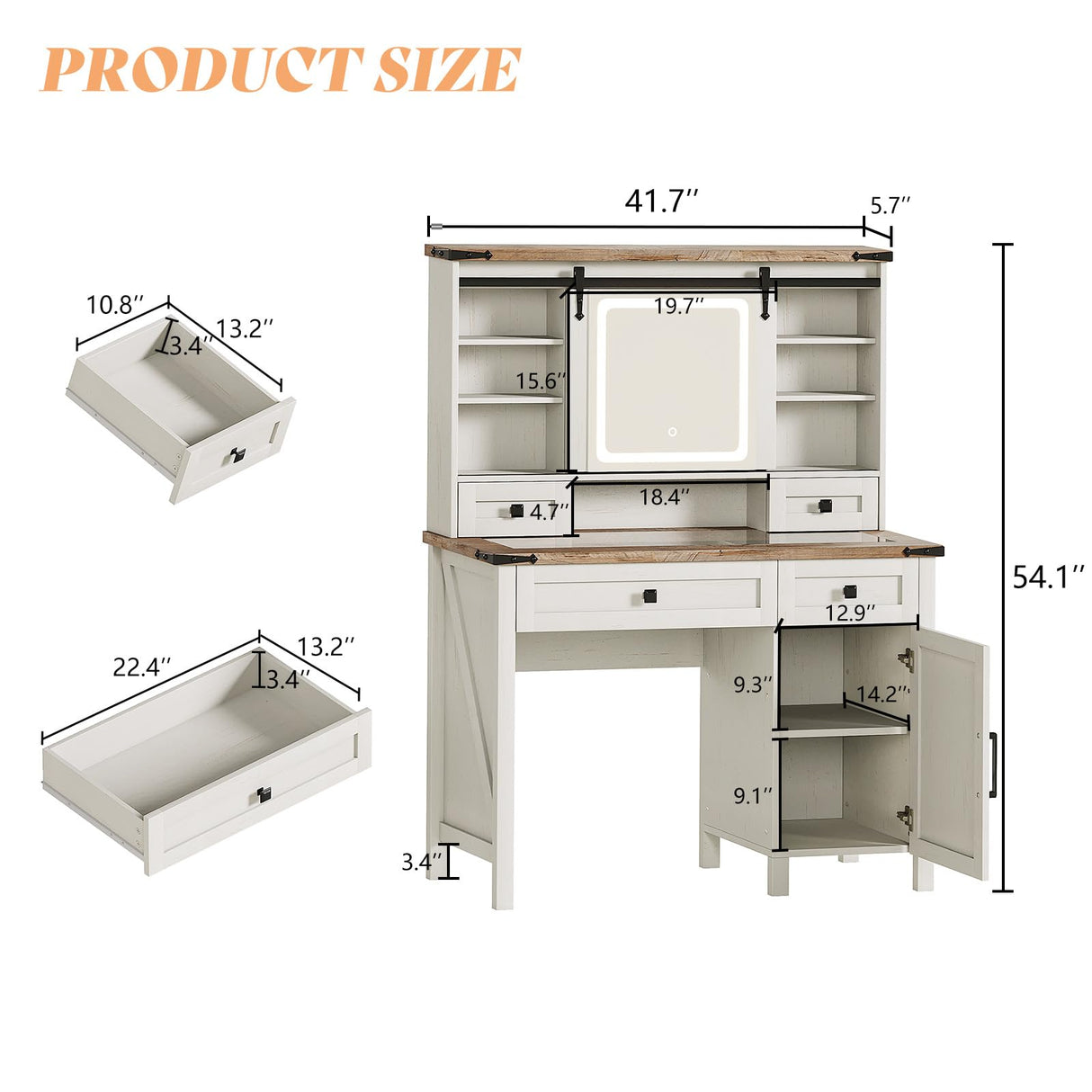 AMERLIFE 42'' Farmhouse Makeup Vanity Desk with Sliding Mirror and Lights, Glass Tabletop Vanity Table with 2 Drawers & Shelves for Bedroom(NO Bench), Antique White AMERLIFE