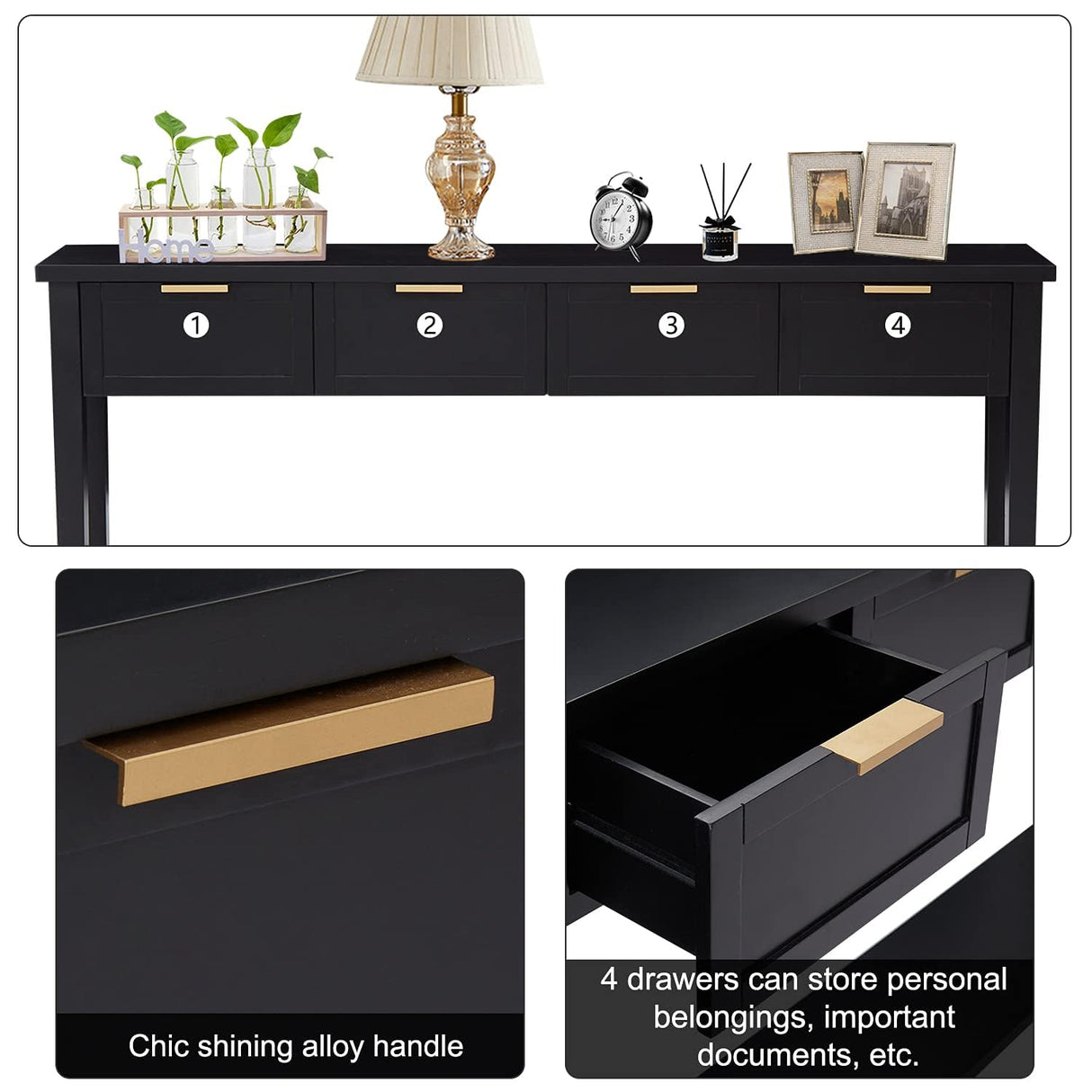 Kinsuite Long Sofa Table with 4 Drawers - Modern Black Console Table with 1 Bottom Shelf, 60 inch Wood Hallway Table Entryway Table for Living Room Bedroom Kitchen Kinsuite