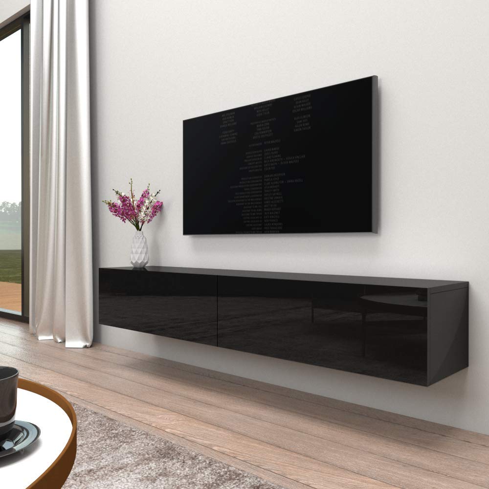 Meble Furniture Berno TV Stand - Wall-Mounted Entertainment Center Console for Bedroom & Living Room - Modern TV Floating Entertainment Center with Storage & Bookcase TV Stand Upto 71" - Black MEBLE FURNITURE & RUGS