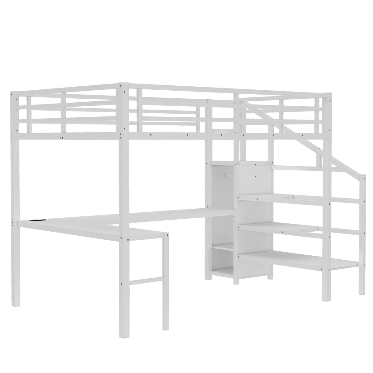 Bellemave Queen Loft Bed with Desk & Wardrobe, Heavy Duty Metal Loft Beds with Storage Stairs, LED Loft Bed Queen Size with Charging Station & Safety Guardrails, No Box Spring Needed, White Bellemave