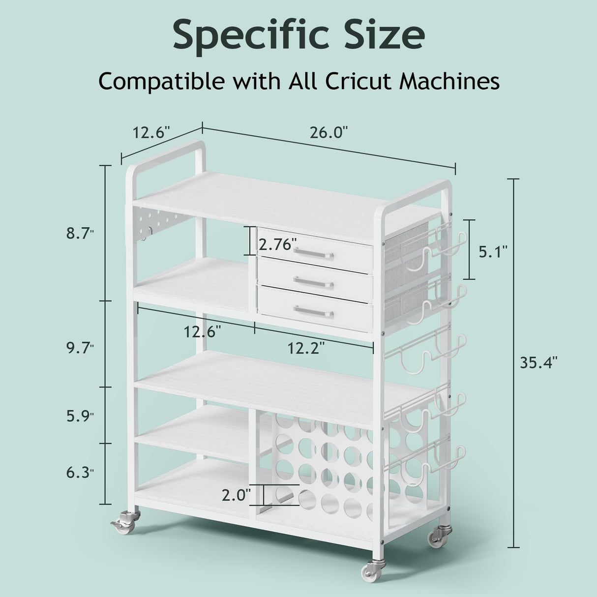 Craft Cart and Organizer Table Compatible with Cricut - Rolling Storage Cart/Shelf with 20 Vinyl Roll Holders, 3 Fabric Drawer, Accessories Holder, Tool Hook for Craft Room Home,Office Homsorout