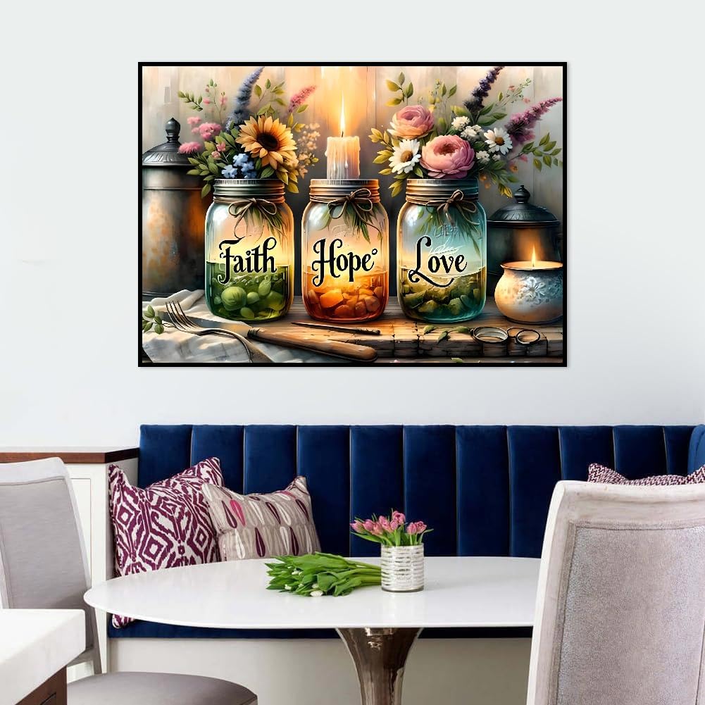 5D Diamond Painting Kits for Adults, Faith, Hope, Love Wishing Bottle Diamond Art kit for Adults Beginner, DIY Full Drill Diamond Dots with Diamond Gem Art and Crafts for Home Wall Decor 16 x 12 Inch Fotasmua