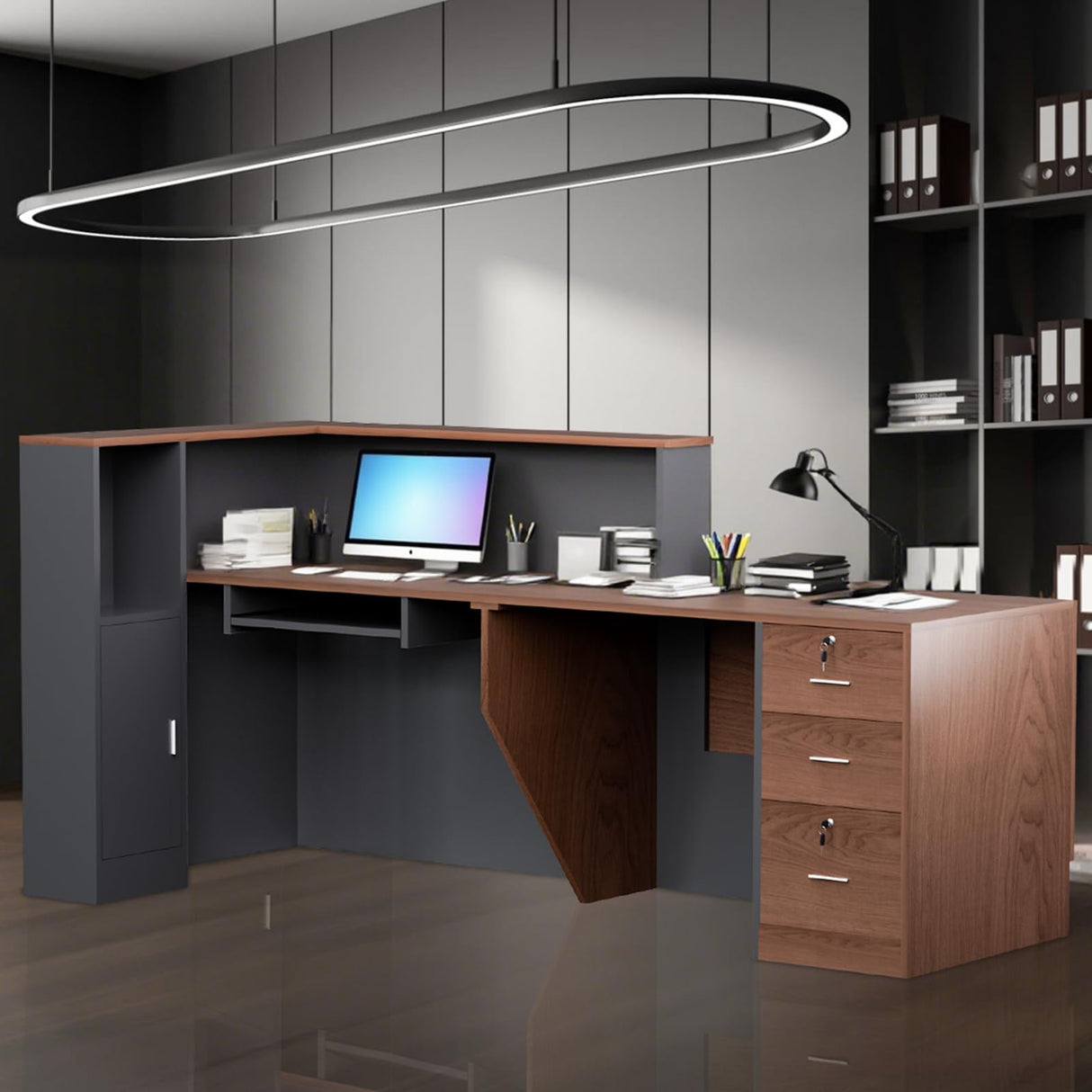 Easilywinlife 86.6IN Modern Wooden Commercial L Shaped Reception Desk with Counter, Lockable Drawers, Door Cabinet, Front Desk for Checkout, Lobby, Beauty Salon, Walnut, Right Cabinet Easilywinlife