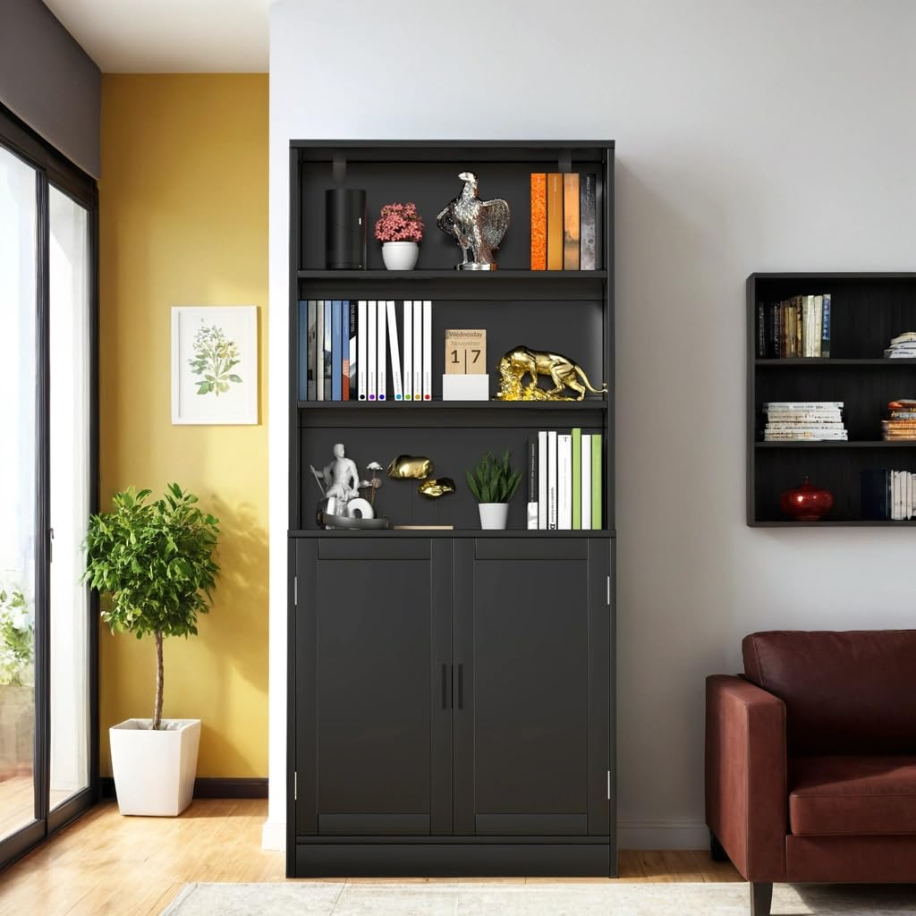 holzart 75" Tall Bookcase with Doors, 5 Tier Large Bookshelf with Cabinet, Standing Wood Display Book Shelf for Living Room, Office, Library with Doors, Black holzart