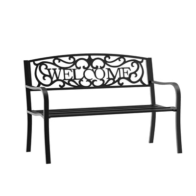 Outsunny 50" Outdoor Metal Welcome Bench, Garden Bench with Slatted Seat, Patio Bench for Park, Porch, Yard, Entryway, Black