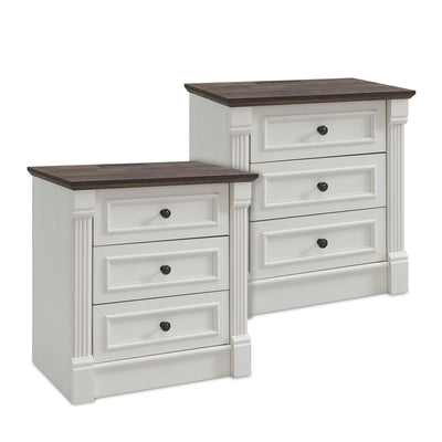 Aitjunz 26" Tall Farmhouse Nightstand Set of 2, 3 Drawers End Table w/Charging Station, 23.6" Wide Large Side Table w/Roman Column, Wood Rustic Sofa Table for Bedroom, White