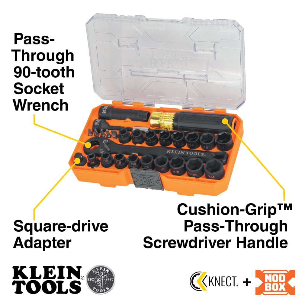 Klein Tools 65400KNECT KNECT Essential Pass Through Impact Socket Set, SAE and Metric, 90-Tooth Ratchet, MODbox Case, 3/8-Inch Drive, 28-Piece Klein Tools