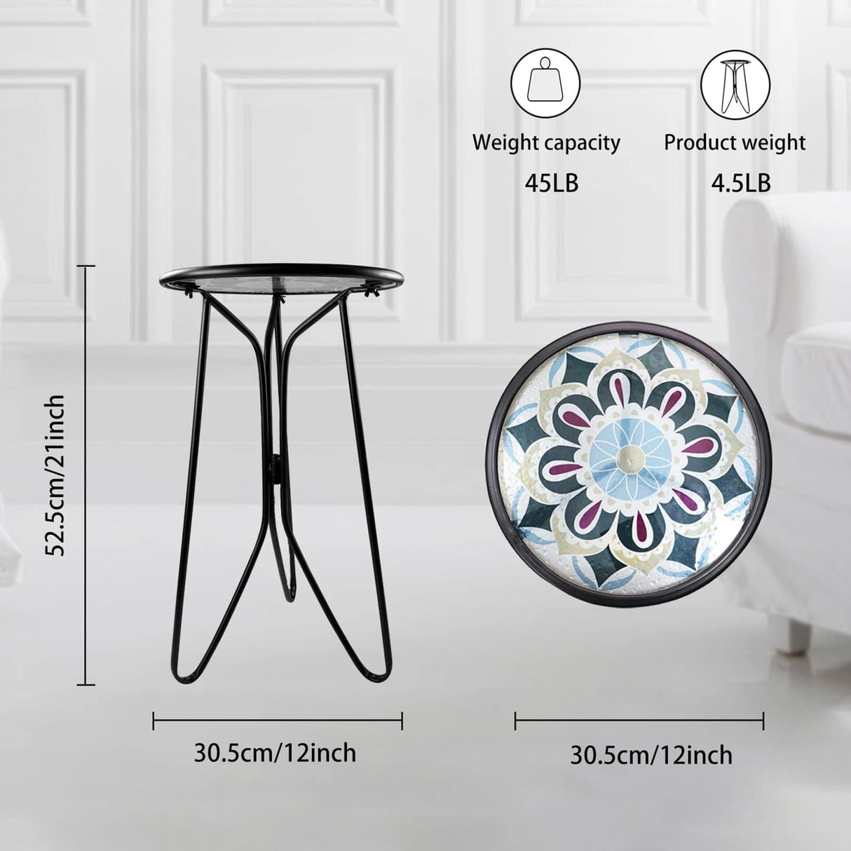 LIFFY Outdoor Side Table,12" Indoor Outdoor Round Glass Tabletop Accent Table with Metal Frame, Decorative Plant Stand & End Table for Patio, Garden, Yard, Kitchen, Porch LIFFY