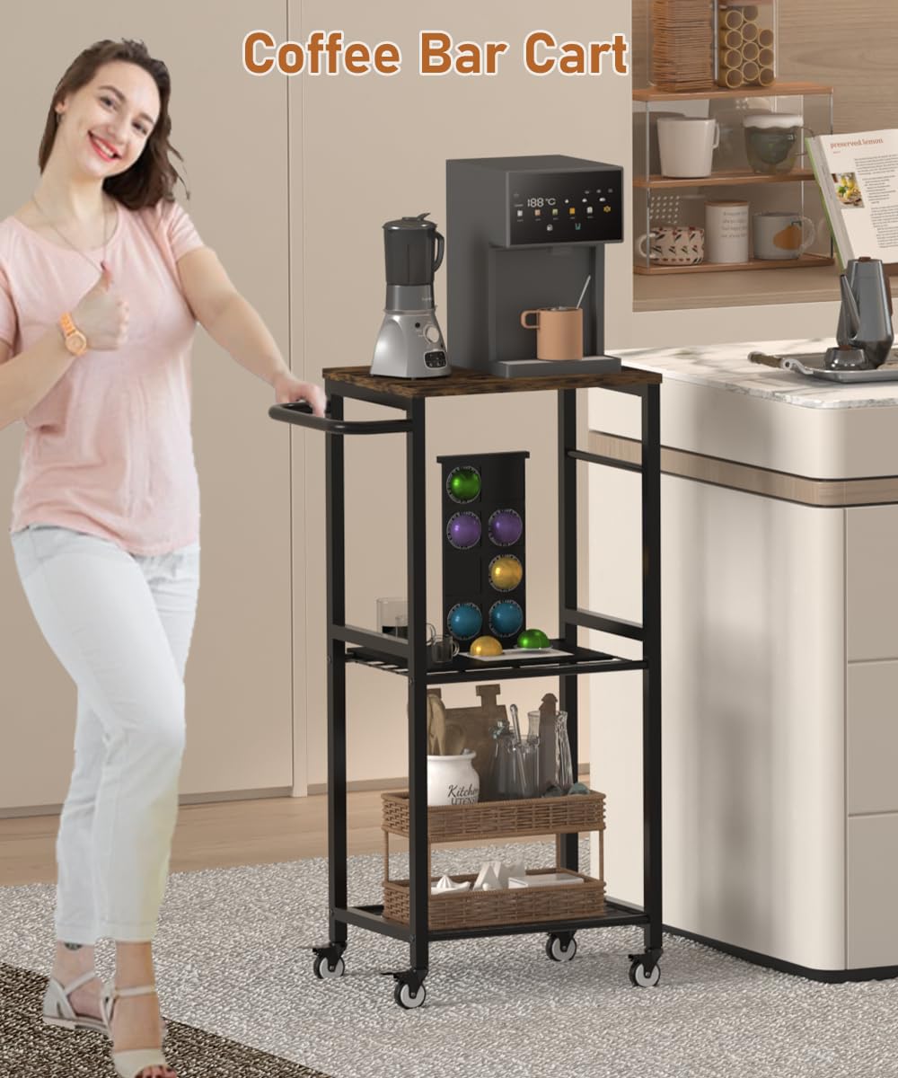 Sungaryard 3-Tier Rolling Kitchen Cart Microwave Stand on Wheel, Movable Coffee Bar Cart with Metal Handle, Bakers Rack with 8 Hooks Utility Cart for Living Room, Bedroom, Bathroom, Office, Black Sungaryard