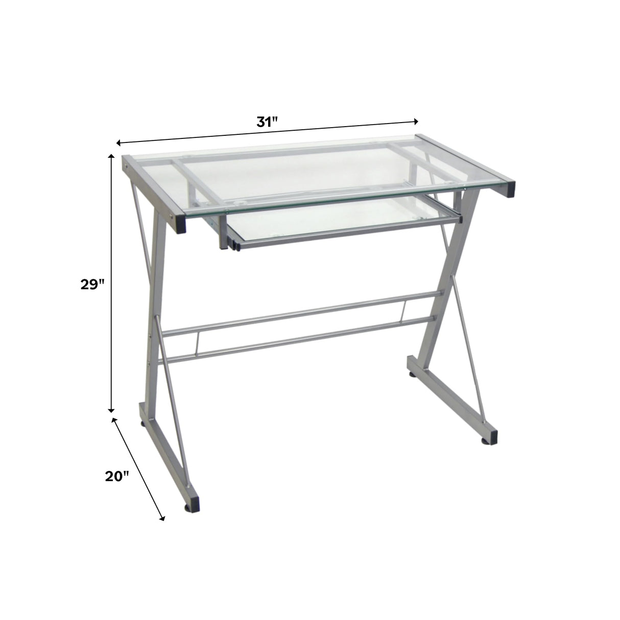 Walker Edison Metal and Glass Work From Home Laptop Computer Gaming Desk with Slide In Keyboard Tray Home Office, 31 Inch, Silver Walker Edison