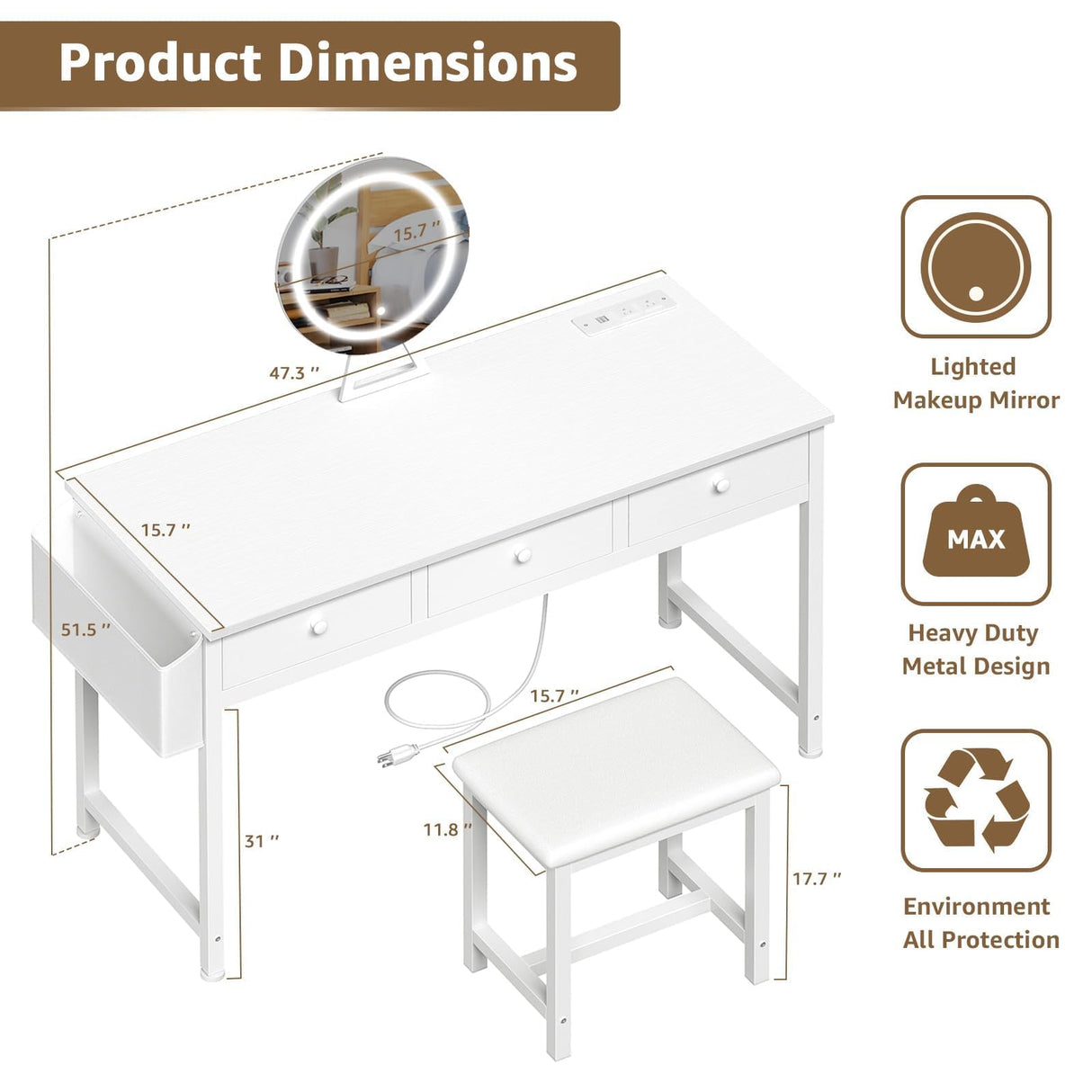 KAI-ROAD White Makeup Vanity Desk with Mirror and Lights Big Vanitys Set with Chair, Drawers and Power Outlet, Dressing Table Vanities for Girls Bedroom 47“ KAI-ROAD