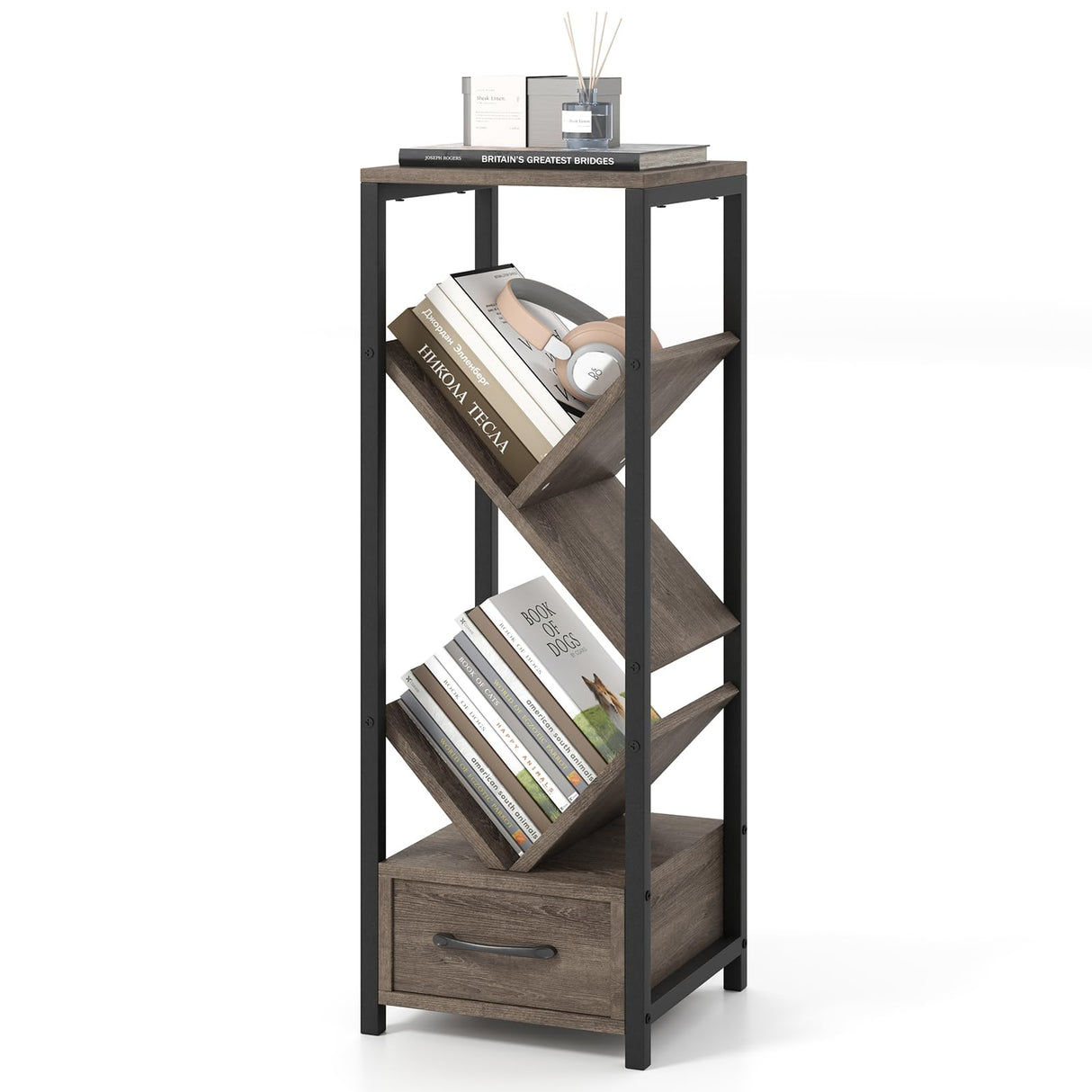 Giantex Tree Bookshelf with Drawer, 4-Tier Narrow Bookcase with Metal Frame, Tall Floor Standing Storage Organizer for Small Space, Wooden Display Shelves for Living Room, Bedroom, Study (1) Giantex