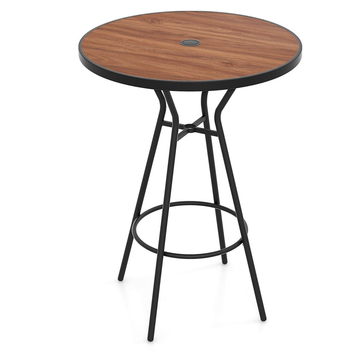 Tangkula 28” Outdoor Bar Table, Round Bar Height Table with Wood-Like Tabletop, Umbrella Hole & Footrest, Patio Bistro Table, High Top Table for Backyard, Garden & Deck Tangkula