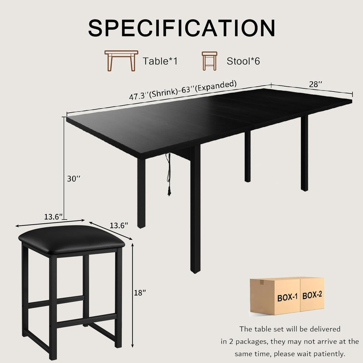 VECELO 7-Piece Dining Table Set with 6 Square Stools, 63" Expandable Kitchen Table with USB Charging & Metal Frame for 2/4/6, Wood Dinette Perfect for Small Spaces, Easy Assembly, Dark Black VECELO