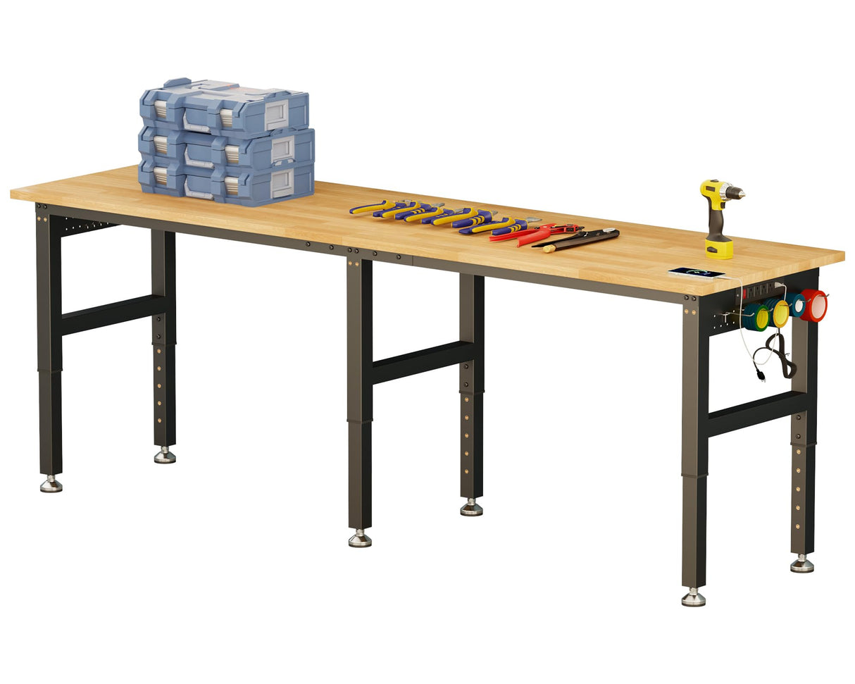SPECRAFT 96“ Adjustable Heavy Duty Workbench with 4 AC Outlet and 2 USB Ports Power Outlets, 5000 Lbs Capacity, Rubber Wood Top for Garage, Workshop, Office SPECRAFT