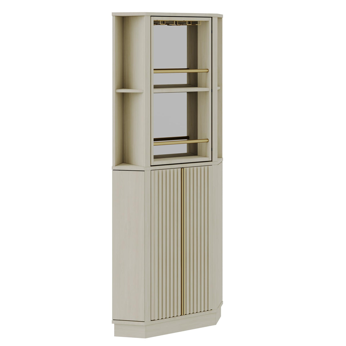 BELLEZE 68" Tall Farmhouse Wine Cabinet with Rotating Wine Rack, Corner Bar Cabinet, Modern Home Bar Liquor Storage Cabinet for Dining Room, Living Room & Kitchen - White Sand BELLEZE