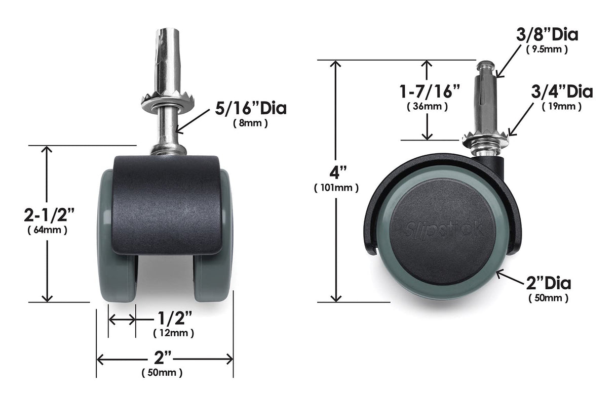Slipstick CB681 2 Inch Floor Protector Rubber Caster Wheels (Set of 4) 5/16 Inch Stem or Top Plate Mounting Options - Black/Gray Green Slipstick