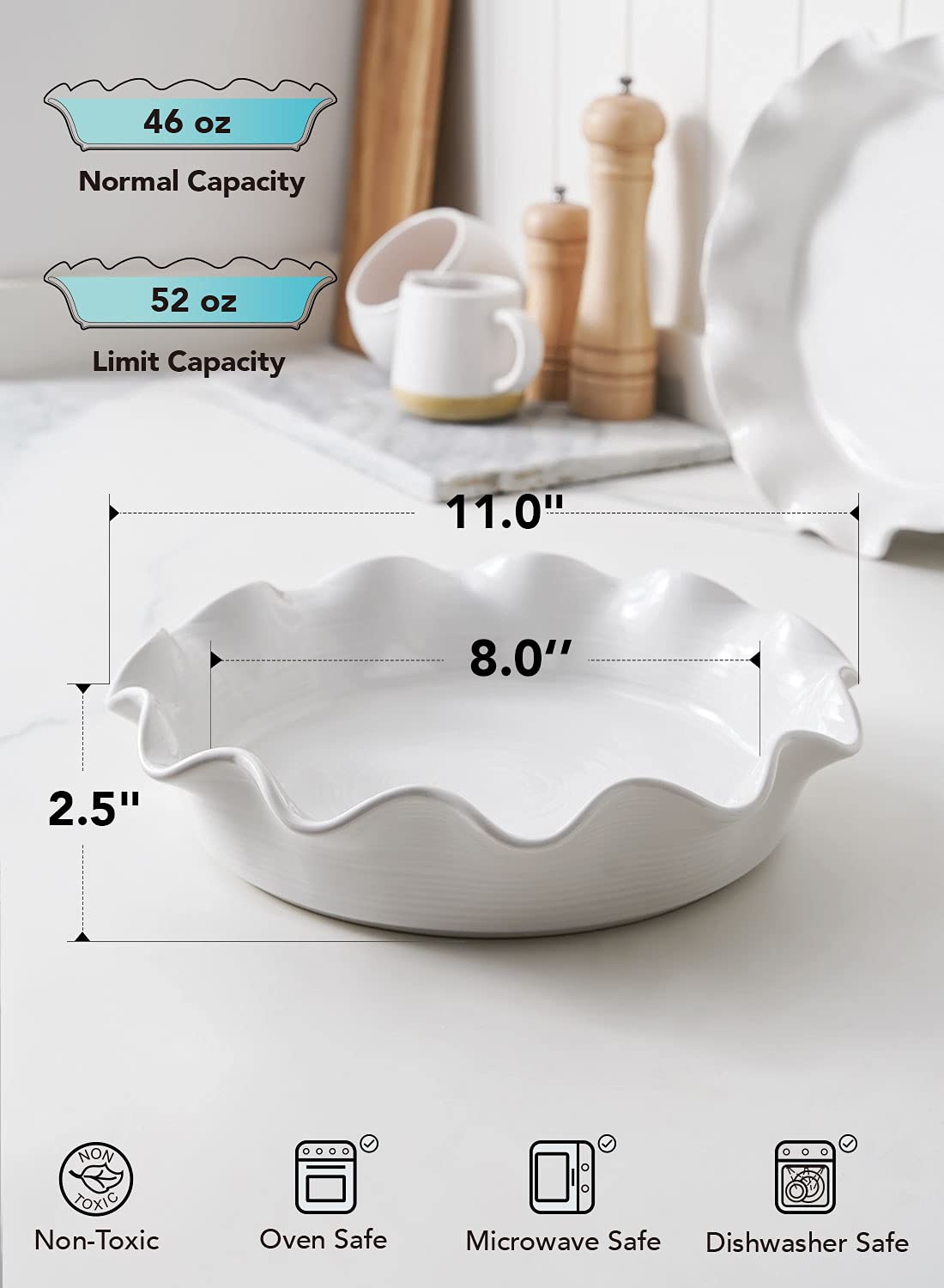 LE TAUCI Ceramic Pie Pans for Baking, 11 Inches Deep Dish Pie Plate for Apple Pie, Pot Pie, 48 Ounce Baking Dish with Ruffled Edge, Set of 2, White LE TAUCI