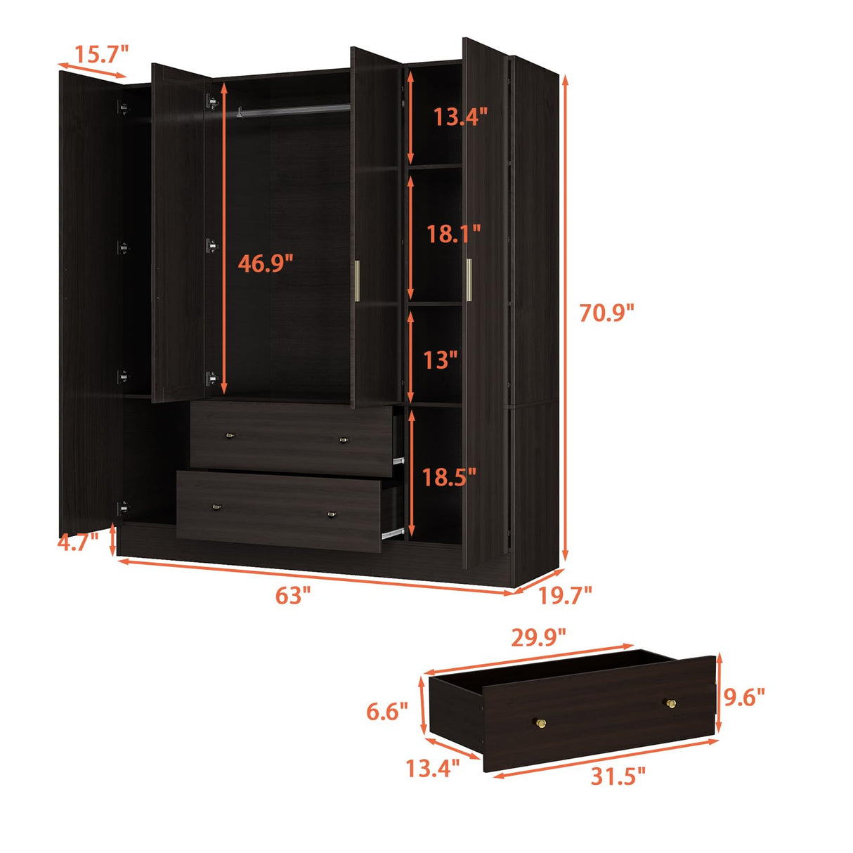 AGOTENI Large Bedroom Wardrobe Closet with 1 Mirror & 2 Drawers, 70.9" H Tall Armoire Clothes Closet with Doors and Shelves, Hanging Rod, Dark Brown AGOTENI