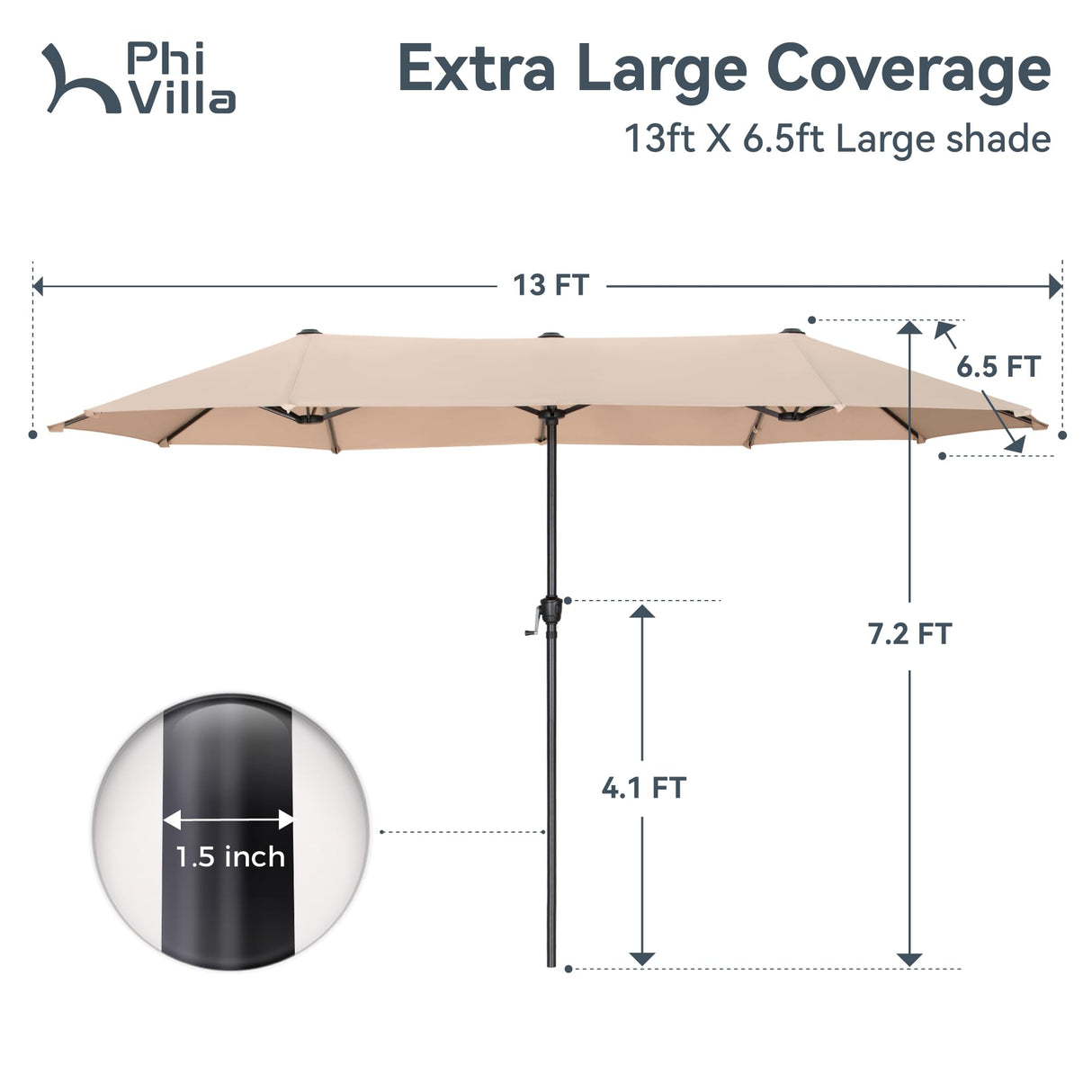 PHI VILLA 13ft Large Patio Umbrella Double-Sided Twin Outdoor Market Umbrella with Crank, Beige PHI VILLA