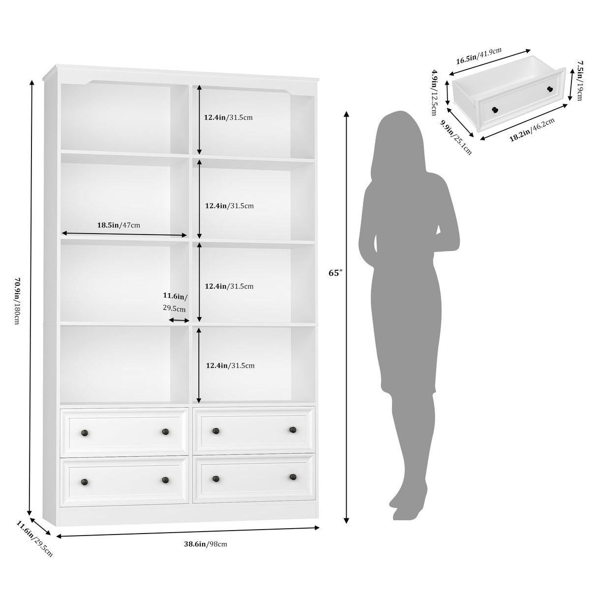 FINETONES 71" Tall Bookshelf with 4 Drawers, 6-Tier Double Wide Bookshelf and Bookcase with Storage, White Bookshelf Large Open Bookshelf Standing Book Cabinet for Home Office, White FINETONES