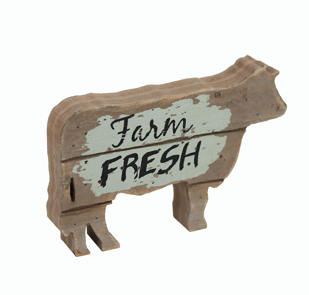 PARISLOFT Farm Fresh Wood Cow Shaped Sign Tabletop Decor, Carved Cow Statue Home Decor, Animal Sculpture Decorations PARISLOFT