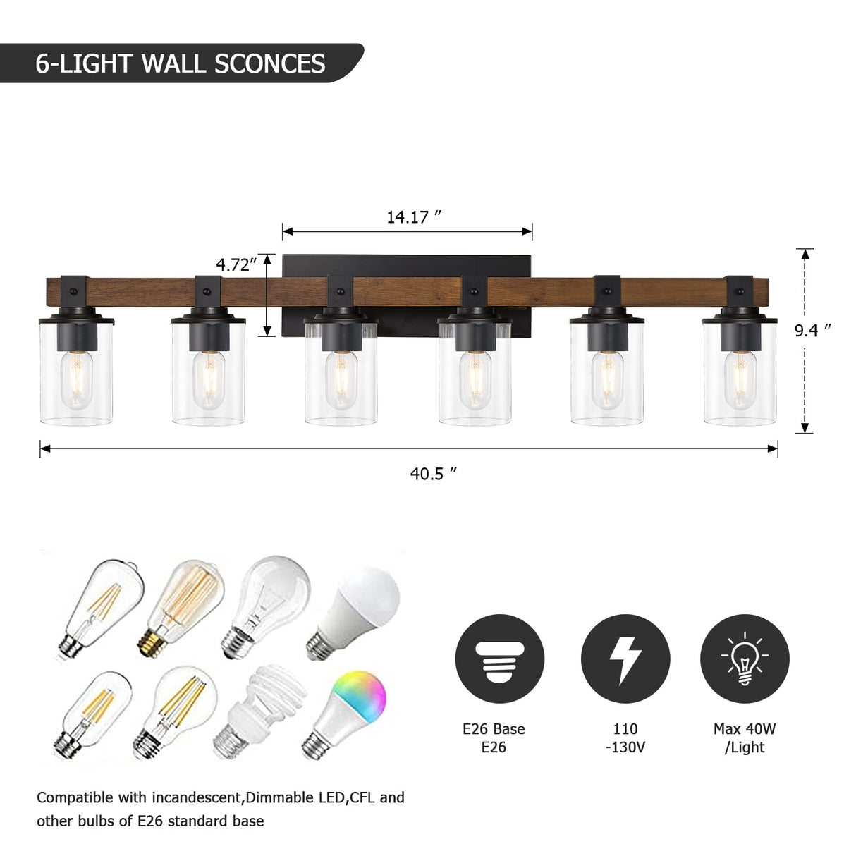DUJAHMLAND 6-Light Wood Vanity Light,40.5 inch Farmhouse Bathroom Metal Wall Sconce with Cylinder Clear Glass Shade,Industrial Wall Light Fixtures for Hallway,Kitchen,Bedroom(Wood, 6-Light) DUJAHMLAND