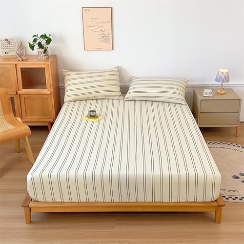 VM VOUGEMARKET Striped Fitted Sheet Queen 1 Piece,Washed Cotton Beige Single Bottom Sheet with 15" Deep Pocket,Comfortable and Breathable Mattress Cover,60" x 80" VM VOUGEMARKET