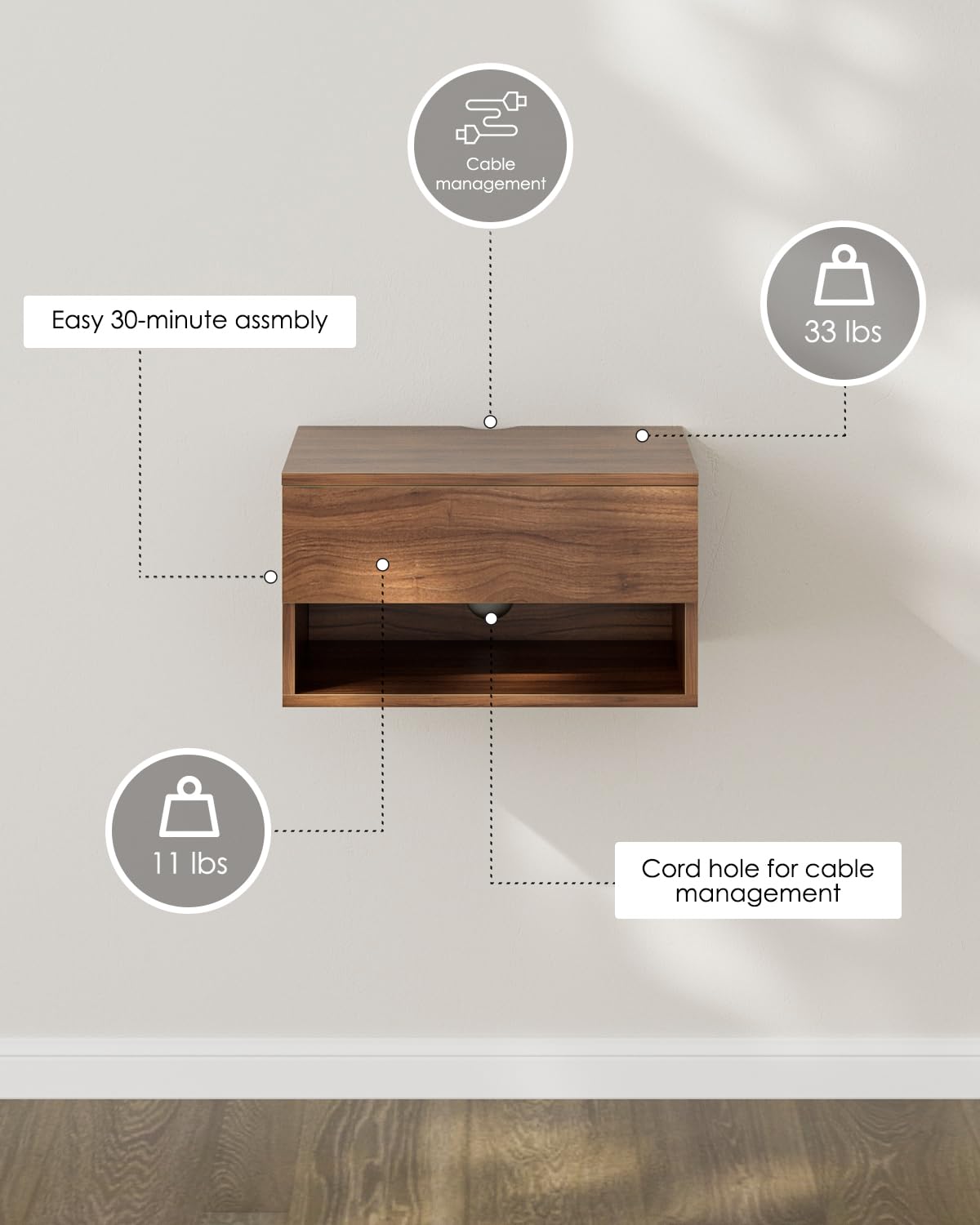 Floating Nightstand, Small Modern Floating Nightstand with Drawer, Floating Shelves for Bedroom, Bathroom (Brown Walnut) Aienvey