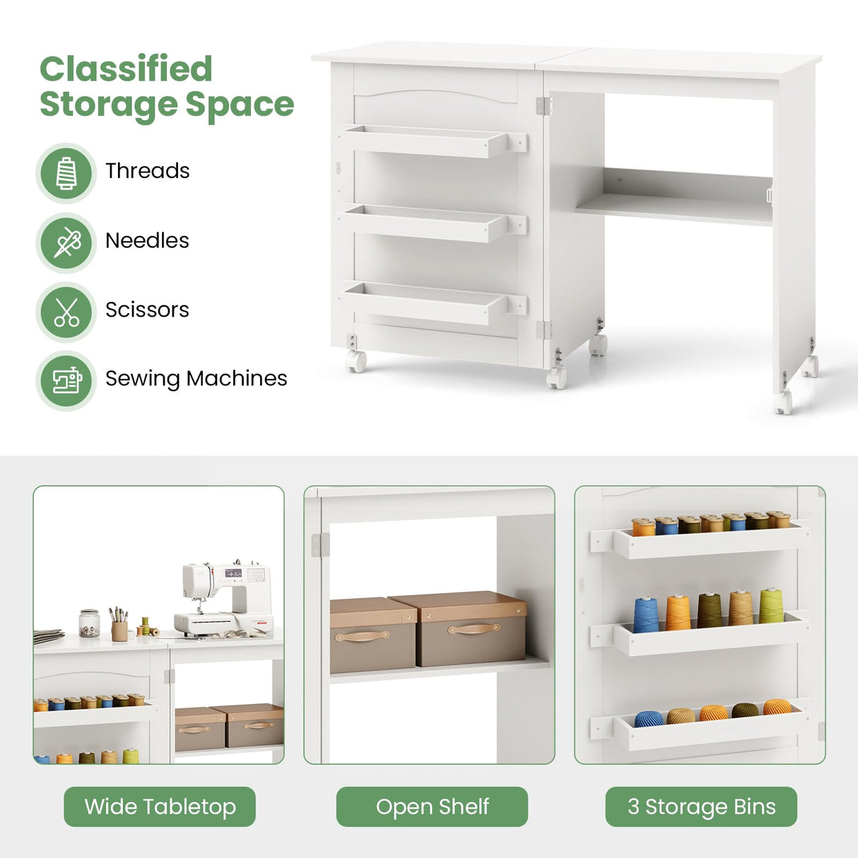 COSTWAY Folding Sewing Table, Multipurpose Craft Station Desk, Display Cabinet with Shelves Storage, Lockable Wheels, Rolling Sewing Machine Desk for Home Apartment, White COSTWAY