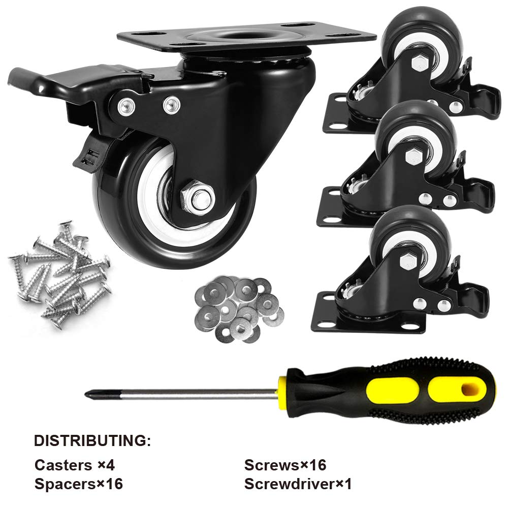 ASHGOOB 2" Caster Wheels Set of 4, Heavy Duty Casters with Brake, No Noise Locking Polyurethane (PU) Wheels, Swivel Plate Castors Pack 4 ASHGOOB