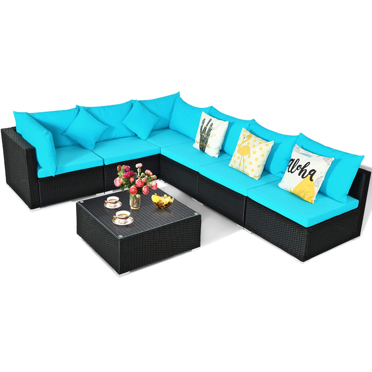 COSTWAY 7 Pieces Patio Furniture Set, Outdoor Rattan Conversation Set with 6 Seats, Coffee Tea Table, Soft Cushions, Wicker Patio Sectional Sofa for Garden Balcony Porch Poolside, Turquoise COSTWAY