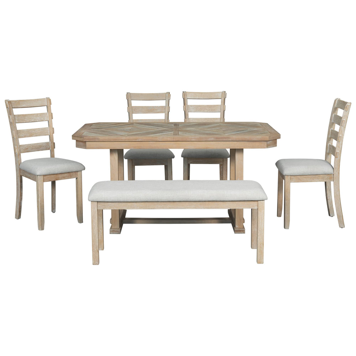 LUMISOL 6 Piece Solid Wood Kitchen Dining Room Table Set with Bench and Chairs, Farmhouse Rustic Dining Table Set with Recantgle Table with Wood Grane and Upholstered Seating, PitchNatural Wood Wash LUMISOL
