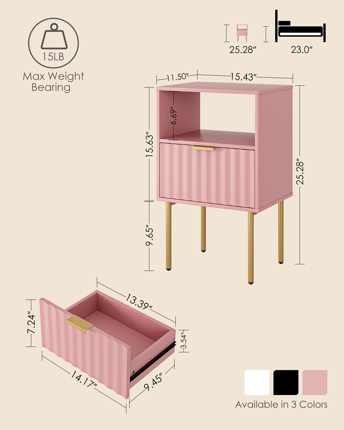 Aienvey Nightstand,Bedside Table with Gold Frame,Pink Night Stand,Bedside Furniture, Modern Side Table with Drawer and Shelf for Bedroom,Living Room (Pink, Large) Aienvey