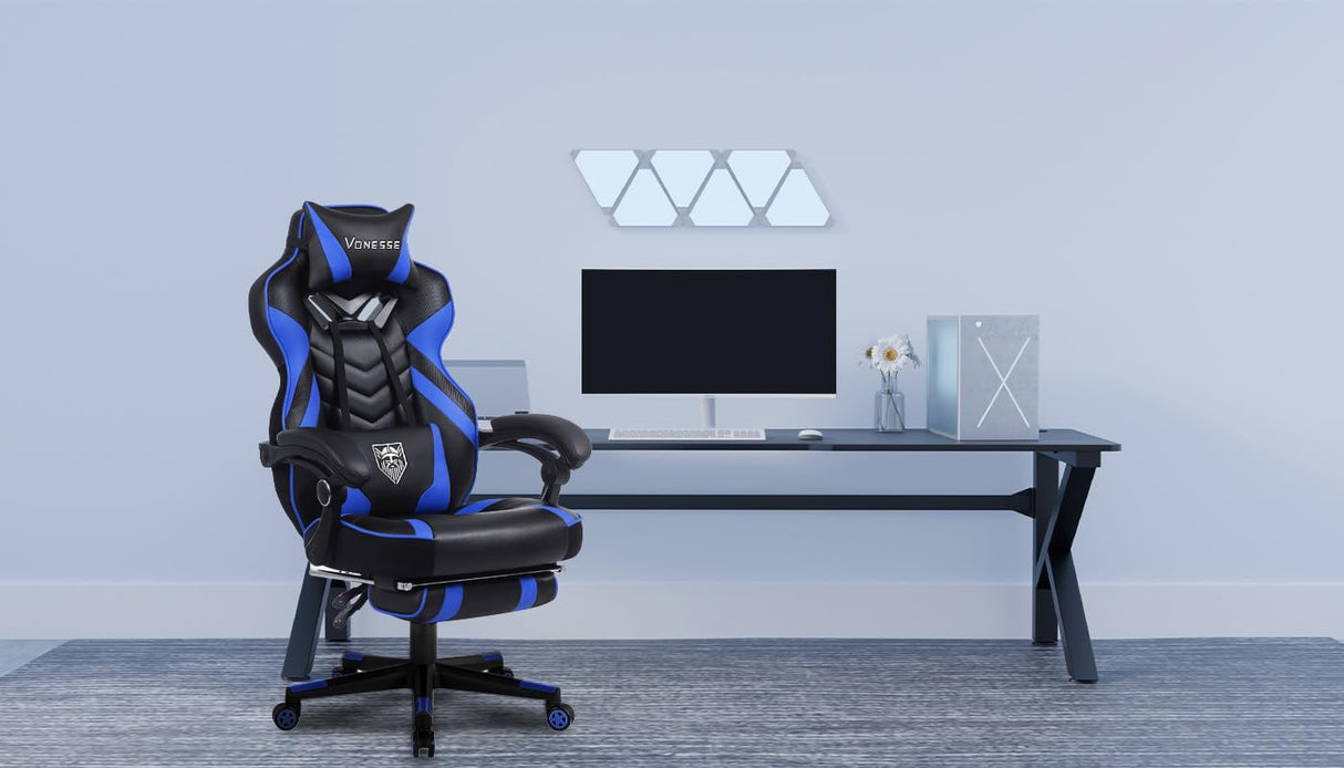 Vonesse Gaming Chair for Adults,Reclining Gamer Chair with High Back,Big and Tall Gaming Chairs with Footrest,Computer Chair with Massage(Black/Blue) Vonesse