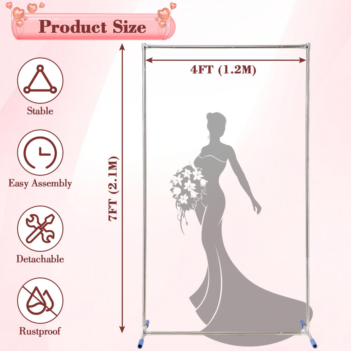 Wedding Arch Backdrop Stand, Heavy Duty 7FT Tall, 4FT Wide Square Rectangular Wedding Arch Frame for Parties Ceremony Birthday Baby Shower Anniversary Stainless Steel Balloon Arch Stand DEROFIT