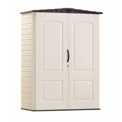Rubbermaid Small Vertical Resin Outdoor Storage Shed With Floor (2.3 x 4.6 Ft), Weather Resistant, Beige/Brown, Organization for Home/Backyard/Pool Chemicals/Toys/Garden Tools/Porch/Patio Cushions