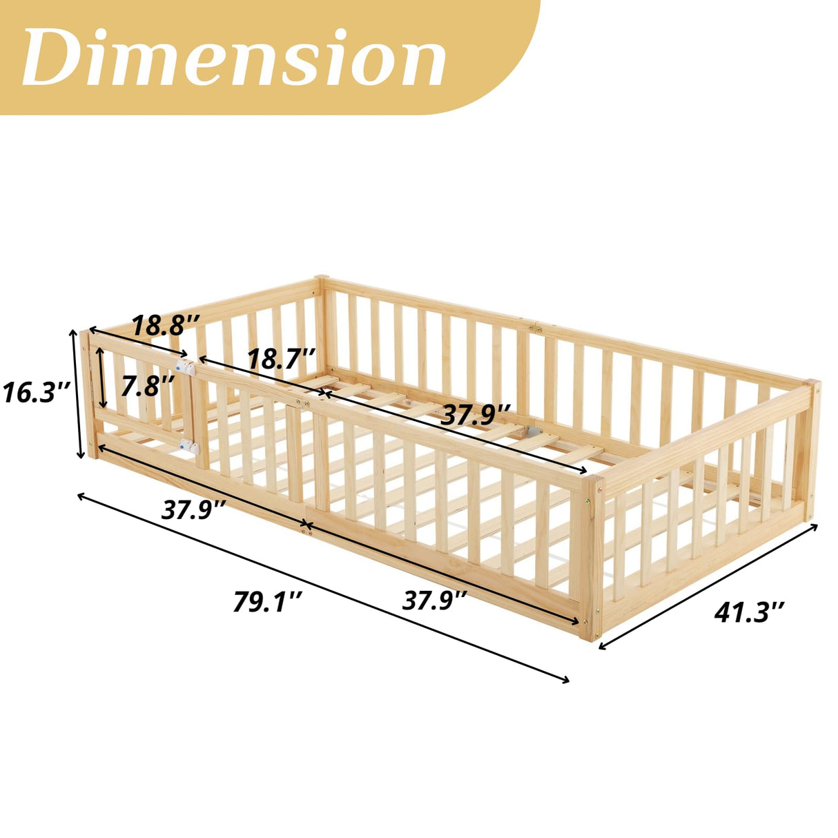 Karl home Toddler Floor Bed with Door and Fence for Kids, Montessori Bed with 12 Slats and Safety Guardrails,Kids Bed Solid Wood Twin Bed Frame for Girls, Boys (Natural) Karl home