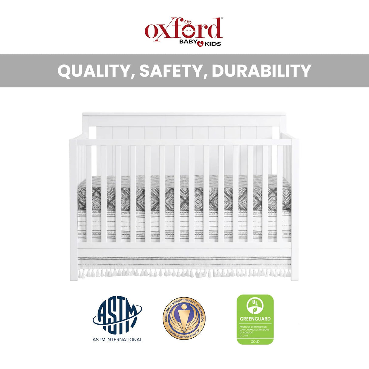 Oxford Baby Lazio 4-in-1 Convertible Baby Crib, Snow White, GreenGuard Gold Certified Oxford Baby