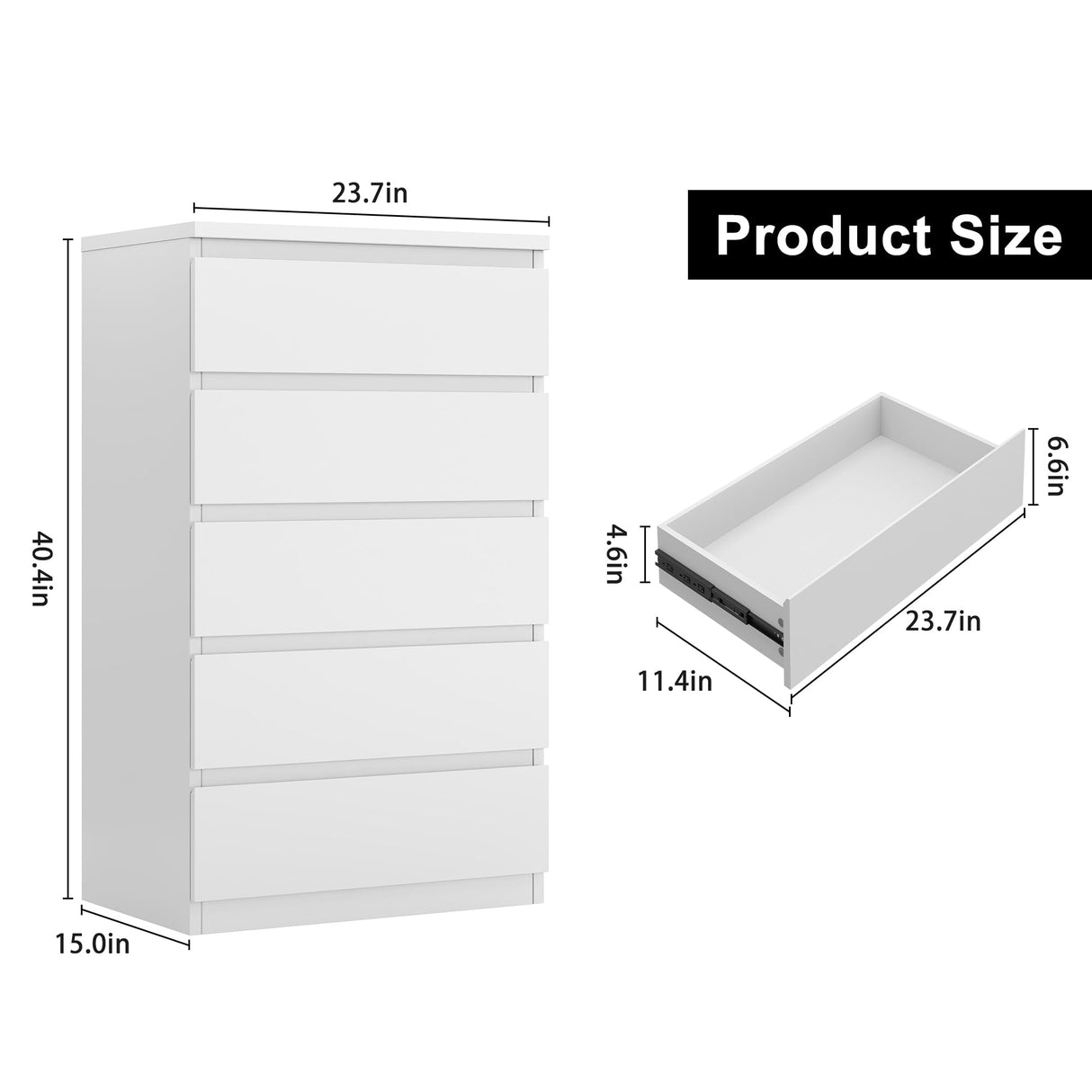 Jocoevol White 5 Drawer Dresser for Bedroom, 15" D x 23.7" W x 40.4" H in Simply Modern Chest of Drawers, Wood Storage Dresser with Deep Drawers for Living Room Hallway Entryway, White Jocoevol